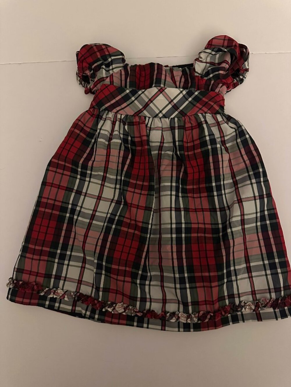 Infant girl RED PLAID Dress by Chaps Sz 24 Months EUC ruffles poof sleeves
